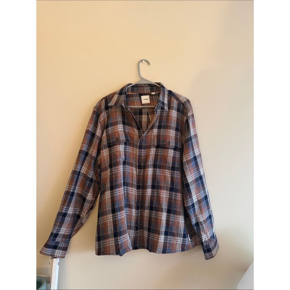 ROWM Men's Plaid Flannel Long Sleeve Button Down Shirt Brown Navy Shacket
